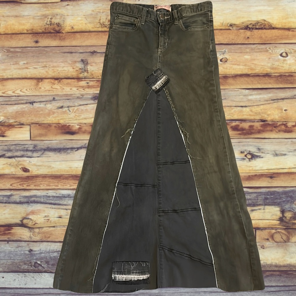 Upcycled Free People Olive Green Patchwork Denim … - image 1